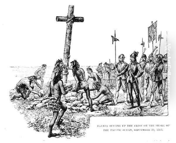 Balboa Setting up the Cross on the Shore of the Pacific Ocean, 25th September 1513, from 'The American Continent and its Inhabitants before its Discovery by Columbus' 1893 Oil Painting by Henry Newell Cady