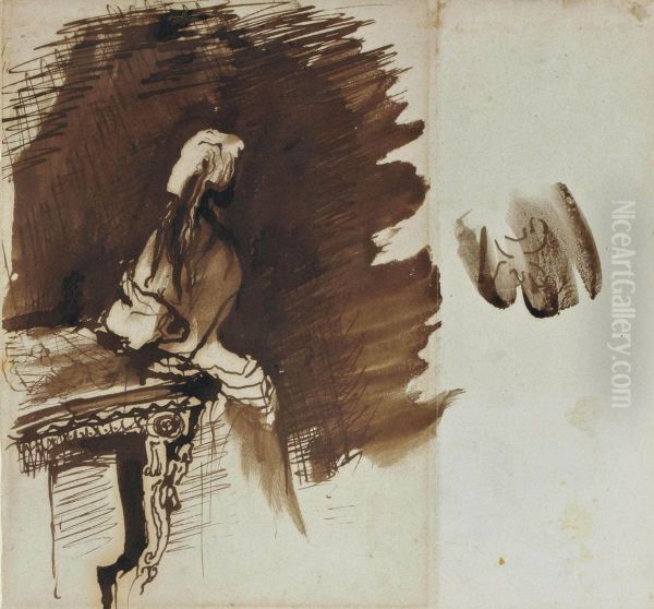 Femme Debout Devant Une Console Et Etude Subsidiaire D'un Ornement Oil Painting by Victor Hugo