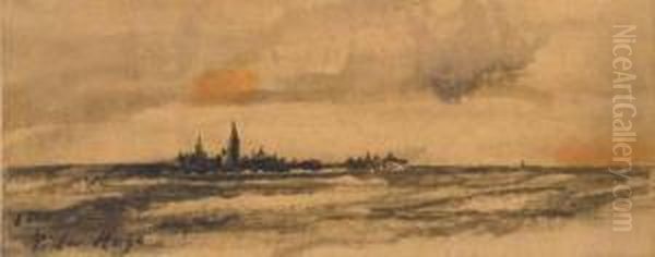 A Seascape With A Town On An Island Oil Painting by Victor Hugo