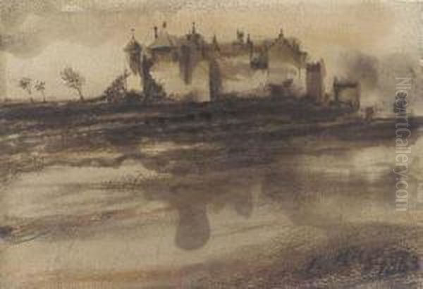 A Castle Seen Across A Lake Oil Painting by Victor Hugo