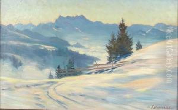 Winterliche Gebirgslandschaft Mit Den Dents Du Midi. Oil Painting by Fritz Edouard Huguenin-Lassauguette