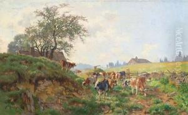 Paysage Avec Vaches Et Personnage Oil Painting by Fritz Edouard Huguenin-Lassauguette