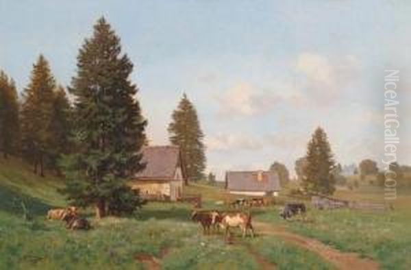 Paysage Avec Troupeau De Vaches. 1888 Oil Painting by Fritz Edouard Huguenin-Lassauguette