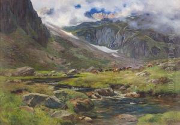 Alpenlandschaft Mit Weidenden Kuhen. Oil Painting by Fritz Edouard Huguenin-Lassauguette