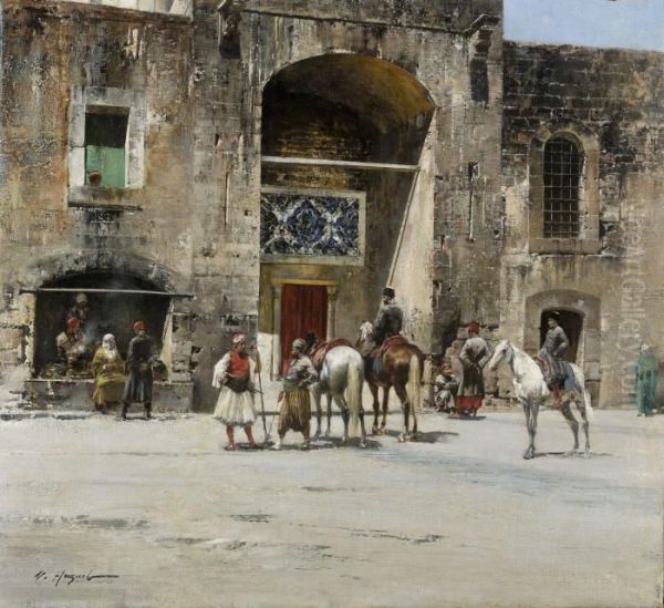 Halte Des Cavaliers En Turquie Oil Painting by Victor Pierre Huguet