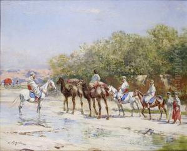 Caravane Arrivant Au Point Deau De El Outaya Oil Painting by Victor Pierre Huguet