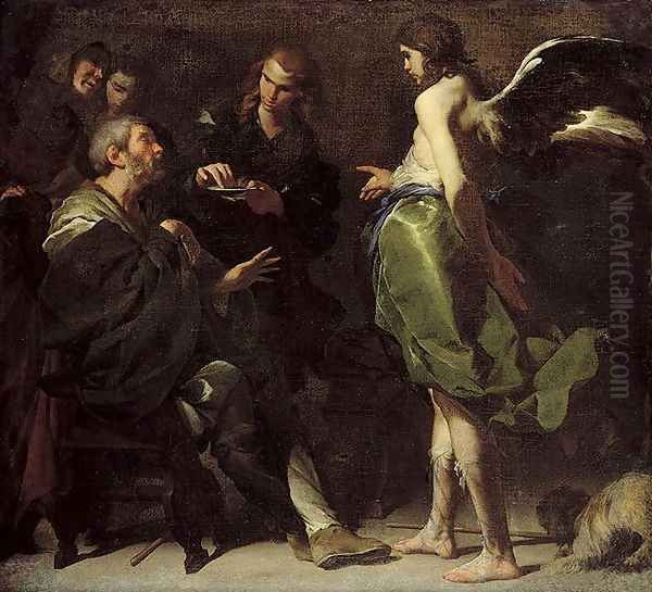 The Young Tobias Heals his Blind Father, c.1640s Oil Painting by Bernardo Cavallino