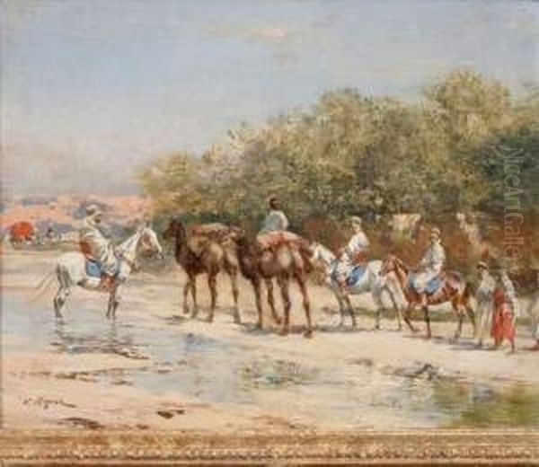 Caravane En Marche, El Outaya (biskra, Algerie) Oil Painting by Victor Pierre Huguet