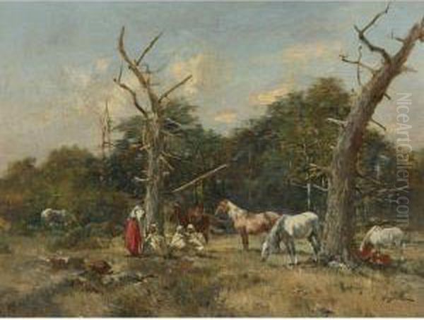 Horsemen At Rest Oil Painting by Victor Pierre Huguet