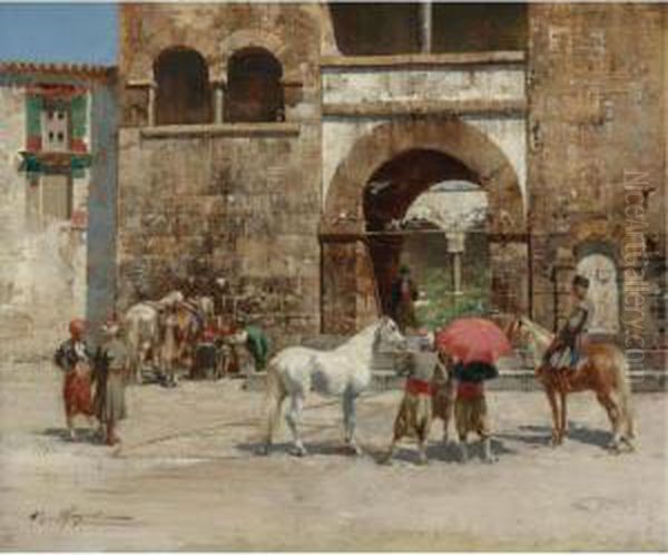 At Rest Outside The City Walls Oil Painting by Victor Pierre Huguet