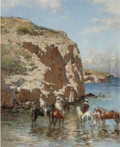 Rest At The Water's Edge Oil Painting by Victor Pierre Huguet