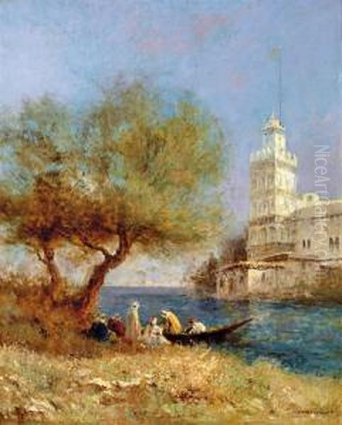 Repos Sous Les Ombrages Au Bord De L'eau Oil Painting by Victor Pierre Huguet