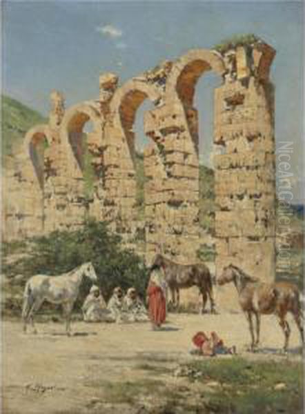 Horses Halted In Front Of The Ruins Of The Aqueduct Of The Ouedbella, Cherchell, Algeria Oil Painting by Victor Pierre Huguet