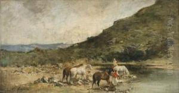 Orientaux Faisant Boire Leurs Chevaux Oil Painting by Victor Pierre Huguet