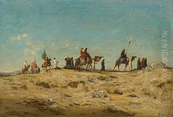 A Desert Caravan Oil Painting by Victor Pierre Huguet