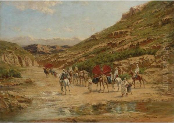 An Algerian Caravan Crossing A Riverbed Oil Painting by Victor Pierre Huguet