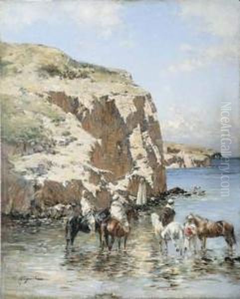 Halte Au Bord De L'eau Oil Painting by Victor Pierre Huguet