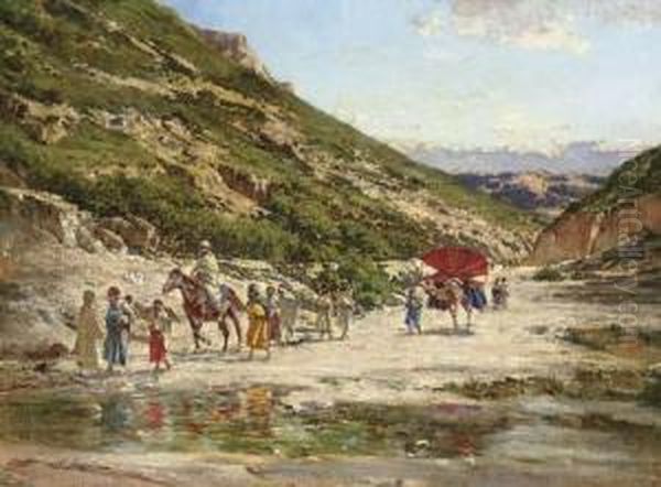 An Arab Caravan Oil Painting by Victor Pierre Huguet