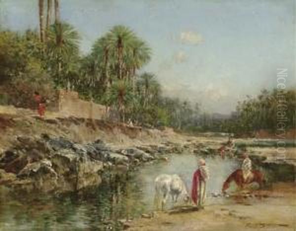 Figures Standing By A Caravan Oil Painting by Victor Pierre Huguet