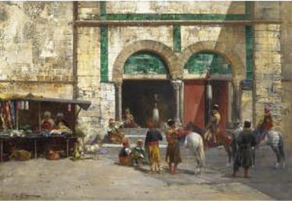 Outside The Mosque Oil Painting by Victor Pierre Huguet