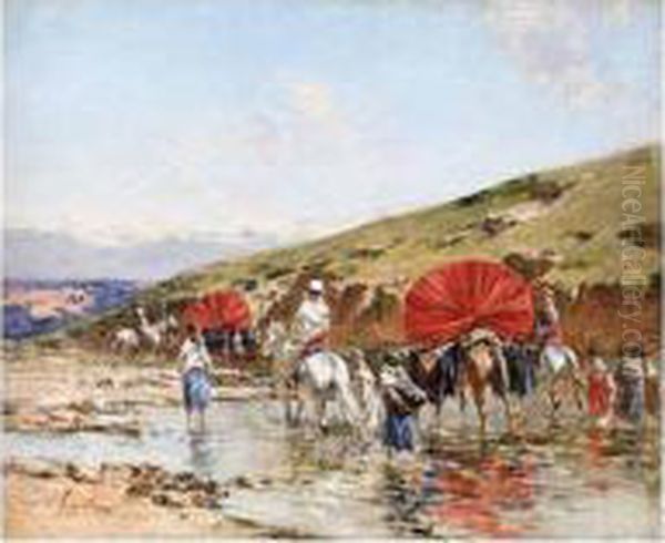 A Caravan Crossing A Stream Oil Painting by Victor Pierre Huguet