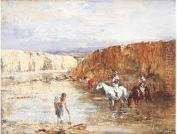 Cavaliers A L'oued. Oil Painting by Victor Pierre Huguet