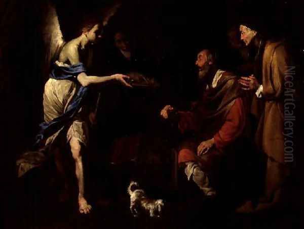 The Healing of Tobit by Tobias Oil Painting by Bernardo Cavallino