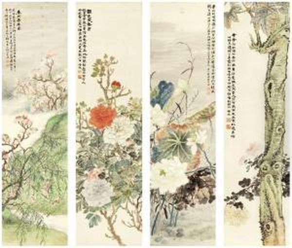 Flowers In Four Seasons Oil Painting by Lu Hui