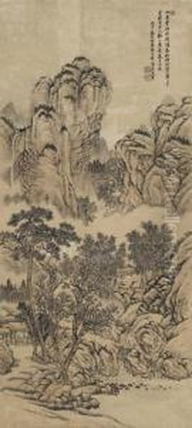 Landscape After Tang Yin Oil Painting by Hui Wang