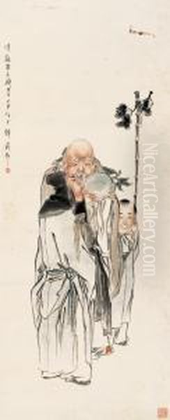 Qian Hui'ansymbot Of Good Forture, Salery, And Longevity Oil Painting by Qian Hui'An