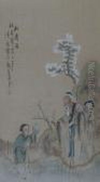 Old Man With Two Children In A Landscape Oil Painting by Qian Hui'An