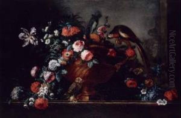 Natura Morta Con Vaso Di Fiori E Pappagallo Oil Painting by Pierre-Nicolas Huillot