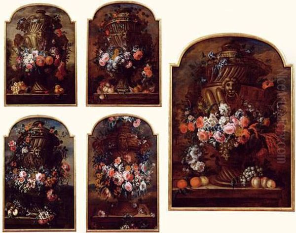 Urnes De Fruits Et Fleurs Dans Un Paysage. 5 Toiles Oil Painting by Pierre-Nicolas Huillot