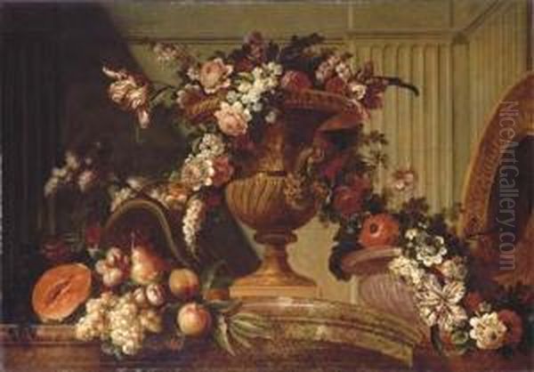 Roses, Tulips, Peonies, Mallows 
And Other Flowers In A Sculptedurn, With Grapes, Peaches, Plums, A 
Melon, A Pear And A Silver Giltsalver On A Marble Ledge Oil Painting by Pierre-Nicolas Huillot