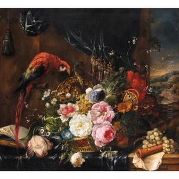 A Still Life Of Various Flowers In A Basket With A Parrot Oil Painting by Pierre-Nicolas Huillot