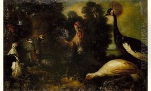 Coqs, Paon Et Pintades Pres D'une Vasque Dans Un Parc Oil Painting by Pierre-Nicolas Huillot