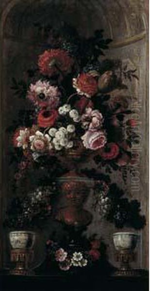 Bouquet De Fleurs Dans Un Vase De Bronze Dans Une Niche De Pierre Oil Painting by Pierre-Nicolas Huillot