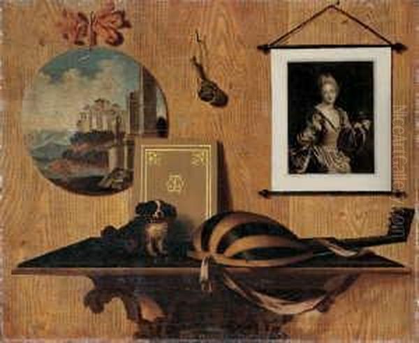 Trompe-l'oeil-stilleben Mit 
Einer Laute Und Einem Hundchen Auf Einem Konsoltisch. An Der Wand Ein 
Gemalde Und Ein Stich Nach J.b. Santerre. Oil Painting by Pierre-Nicolas Huillot