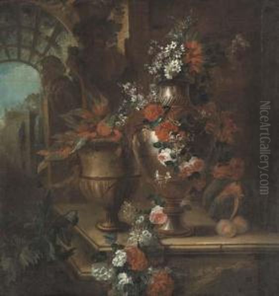 Roses, Poppies, Honeysuckle, 
Hollyhocks, Morning Glory, Peonies,narcissi And Other Flowers In A Vase,
 With Foliage In An Urn And Amelon And Peaches On A Stone Ledge, A 
Garden Beyond Oil Painting by Pierre-Nicolas Huillot