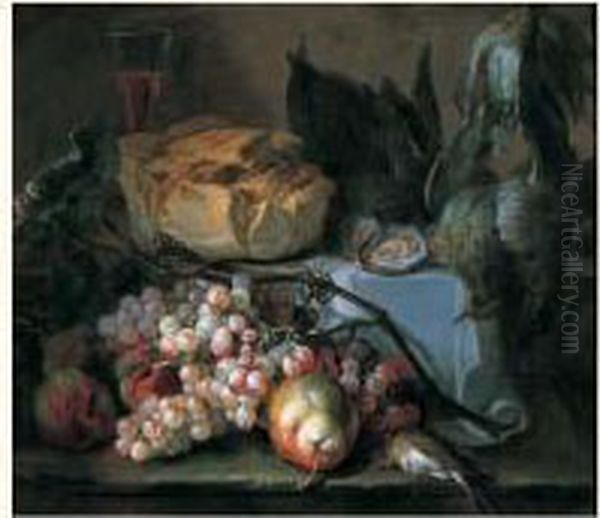 Nature Morte Aux Raisins Miche De Pain Et Gibier Sur Un Entablement Oil Painting by Pierre-Nicolas Huillot