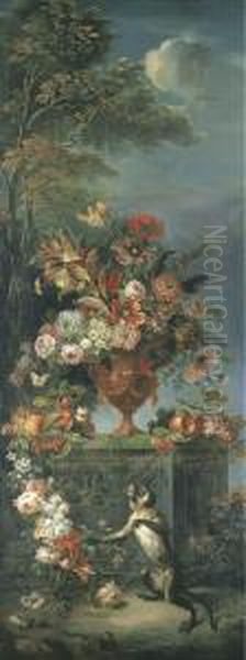 Singe Au Pied D'un Bouquet De Fleurs Oil Painting by Pierre-Nicolas Huillot