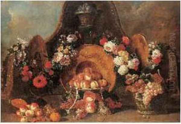 Peches Et Raisins Avec Des Guirlandes De Fleurs Sur Un Entablement Oil Painting by Pierre-Nicolas Huillot