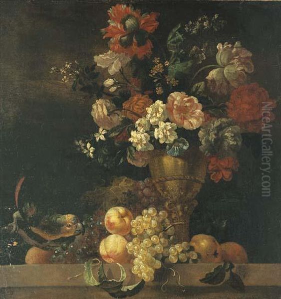 Carnations, Peonies And Other Flowers In A Sculpted Urn Oil Painting by Pierre-Nicolas Huillot