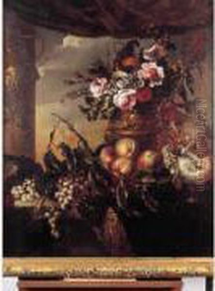 Vase De Fleurs, Fruits Et Coquillages Sur Un Entablement Oil Painting by Pierre-Nicolas Huillot