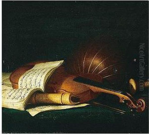 Still Life Of A Violin And Bow, 
Together With A Recorder, A Lute And An Open Music Score Upon A Table 
Top Oil Painting by Pierre-Nicolas Huillot