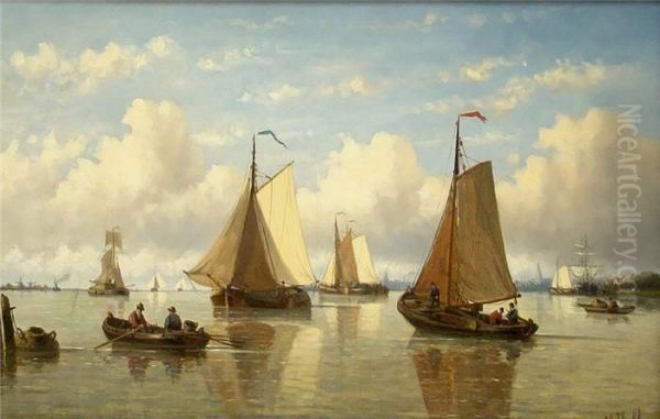 Hollandischemeereskuste Mit 
Zahlreichen Fischerbooten, Im Hintergrundsilhouette Einer Stadt Oil Painting by Hendrik Hulk