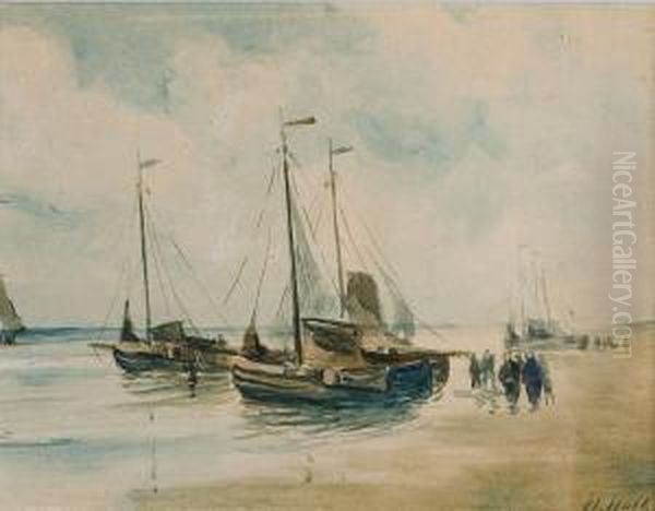 Bateaux De Peche Echoues Sur La Plage Oil Painting by Hendrik Hulk