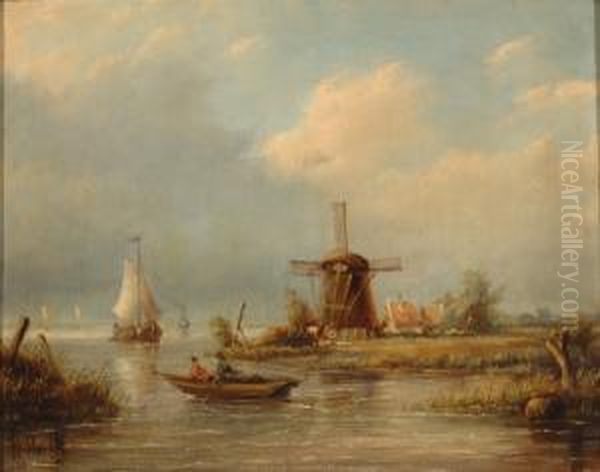 Wind Mill By The Water Witha Small Boat In The Foreground Oil Painting by Hendrik Hulk