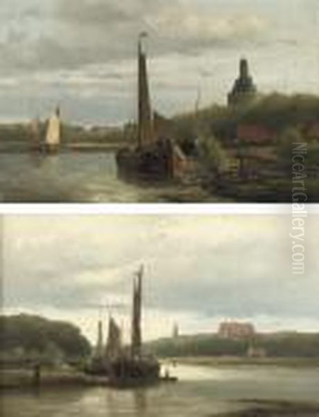 Boats Near Enkhuizen With The 
Dromedaris In The Background; And A Riverlandscape At Sunset With The 
Zuidertoren, Enkhuizen Oil Painting by Hendrik Hulk