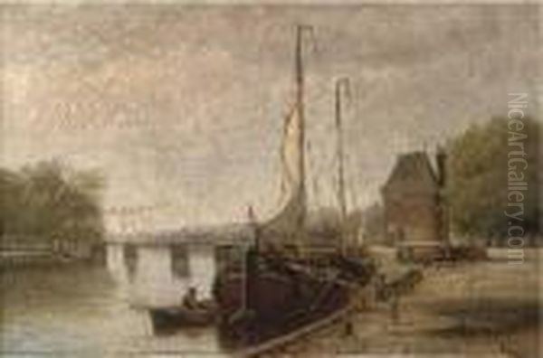 A Dutch Canal With Barges, Near Haarlem Oil Painting by Hendrik Hulk